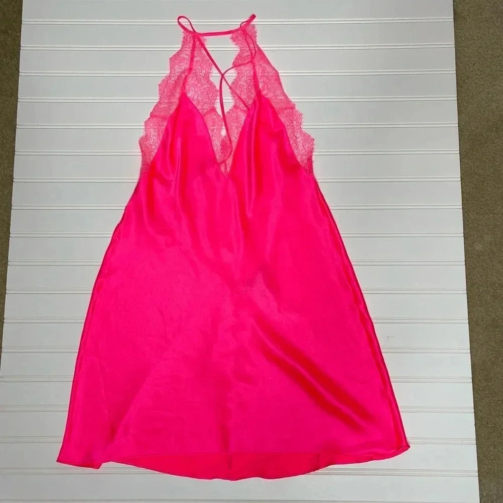 VICTORIA'S SECRET Satin Lace Slip Dress in Hot Pink